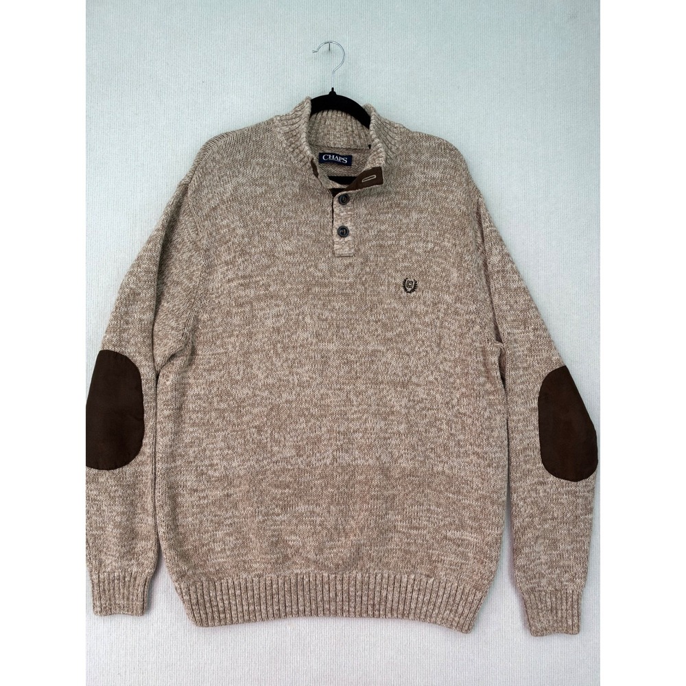 Chaps Men's XL Oatmeal Cotton Knit Sweater Brown Elbow Patches Button Mock Neck